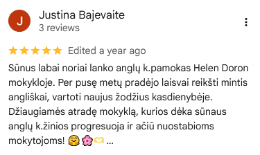 Tėvų atsiliepimas apie Helen Doron anglų kalbos kursus vaikams Kaune